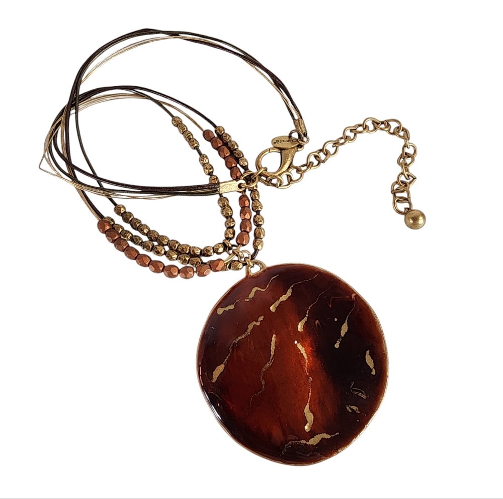 Chico's pendant necklace enamel over gold large round pendant triple strand